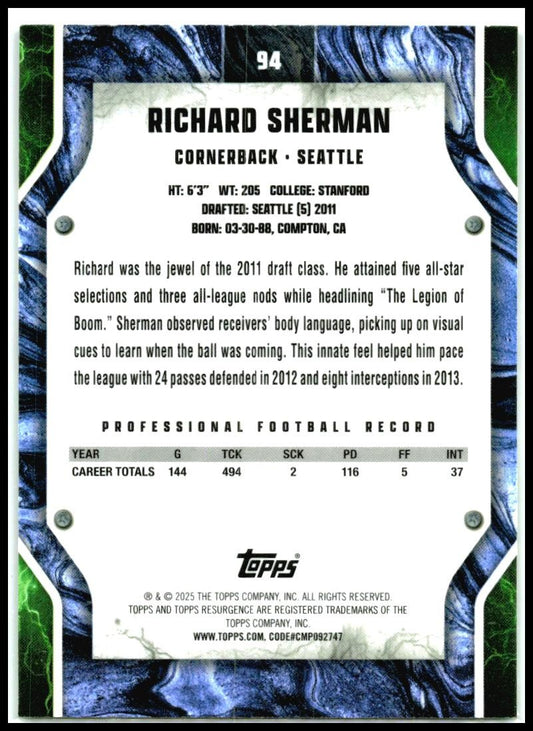 2024 Topps Resurgence Green Surge #94 Richard Sherman #/175 Seattle Seahawks