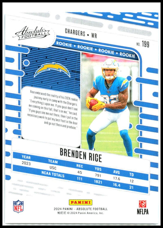 2024 Panini Absolute Retail #199 Brenden Rice Rookie Los Angeles Chargers