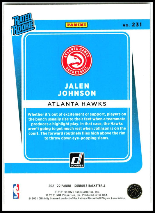 2021-22 Donruss Holo Orange Laser #231 Jalen Johnson Rookie Atlanta Hawks