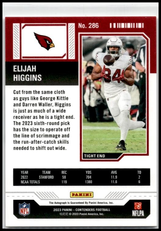 2023 Panini Contenders #286 Elijah Higgins Rookie Auto Arizona Cardinals