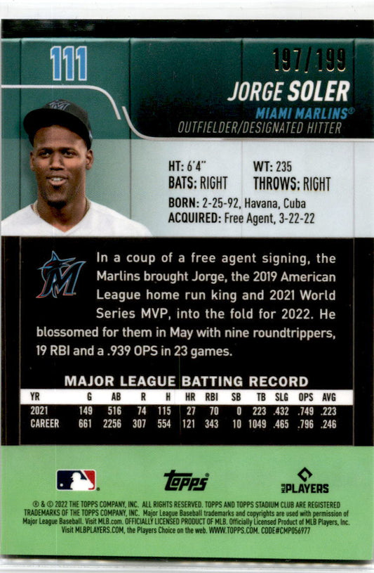 2022 Stadium Club Blue #111 Jorge Soler Miami Marlins /199