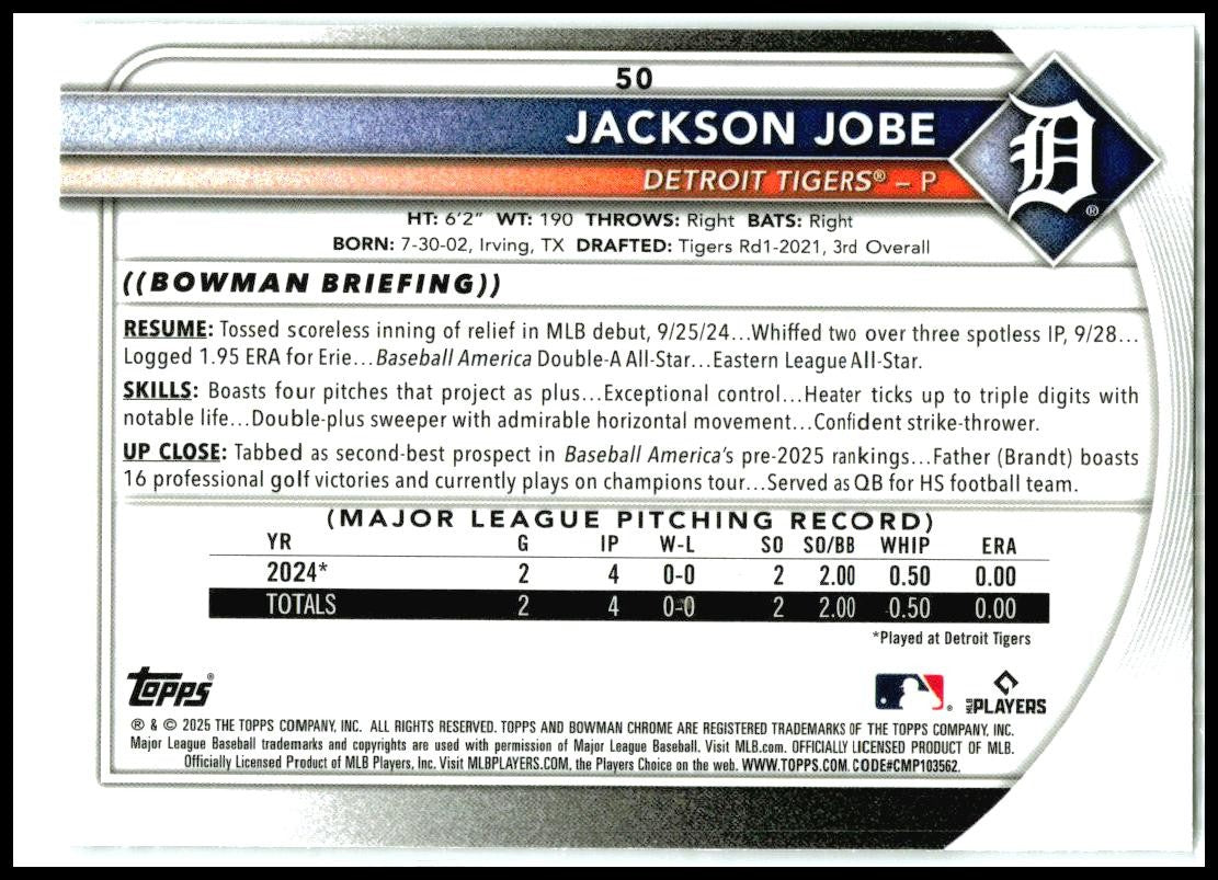 2025 Bowman Chrome Mojo Refractor #50 Jackson Jobe Rookie Detroit Tigers