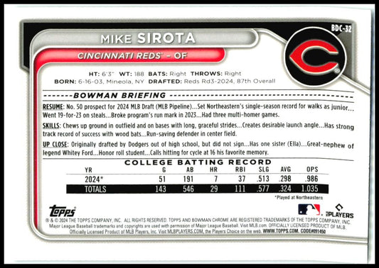 2024 Bowman Draft Chrome #BDC-32 Mike Sirota Cincinnati Reds