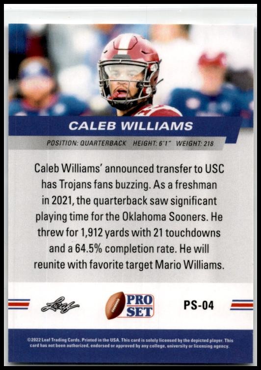 2022 Pro Set Draft #PS-04 Caleb Williams Oklahoma Sooners