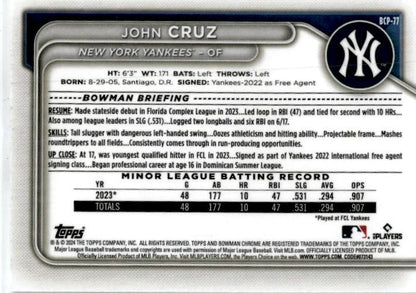 2024 Bowman Chrome Prospects Mini-Diamond Refractors #BCP-77 John Cruz Yankees
