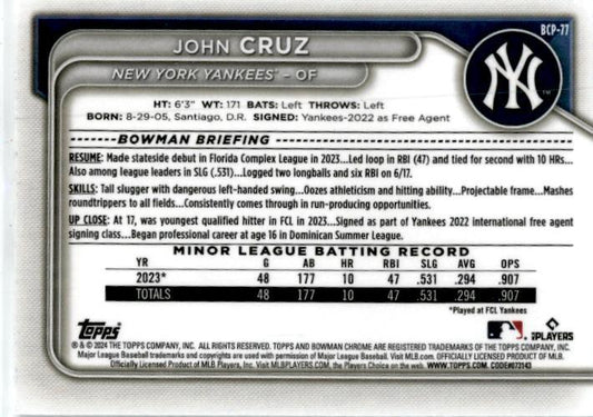 2024 Bowman Chrome Prospects Mini-Diamond Refractors #BCP-77 John Cruz Yankees