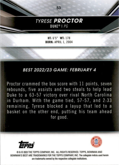 2023 Bowman University Best #53 Tyrese Proctor Duke