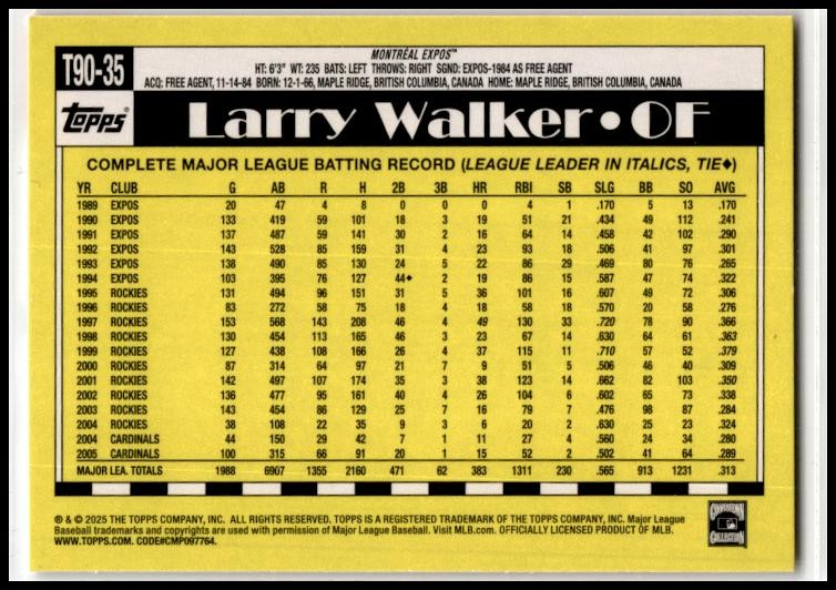 2025 Topps Topps 1990 Topps 35th Anniversary #T90-35 Larry Walker Montreal Expos