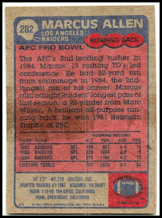 1985 Topps #282 Marcus Allen Los Angeles Raiders