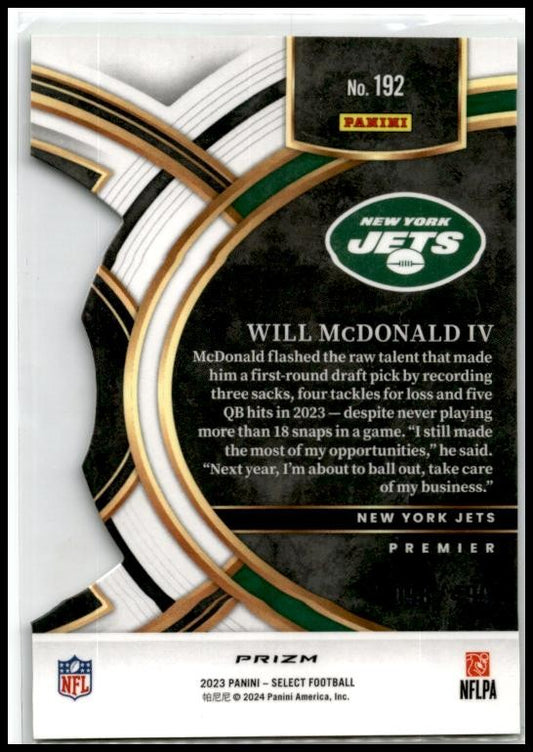 2023 Panini Select Neon Green Prizms Die Cuts #192 Will McDonald IV Jets