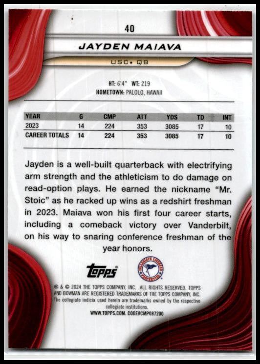 2024 Bowman University Best #40 Jayden Maiava USC Trojans