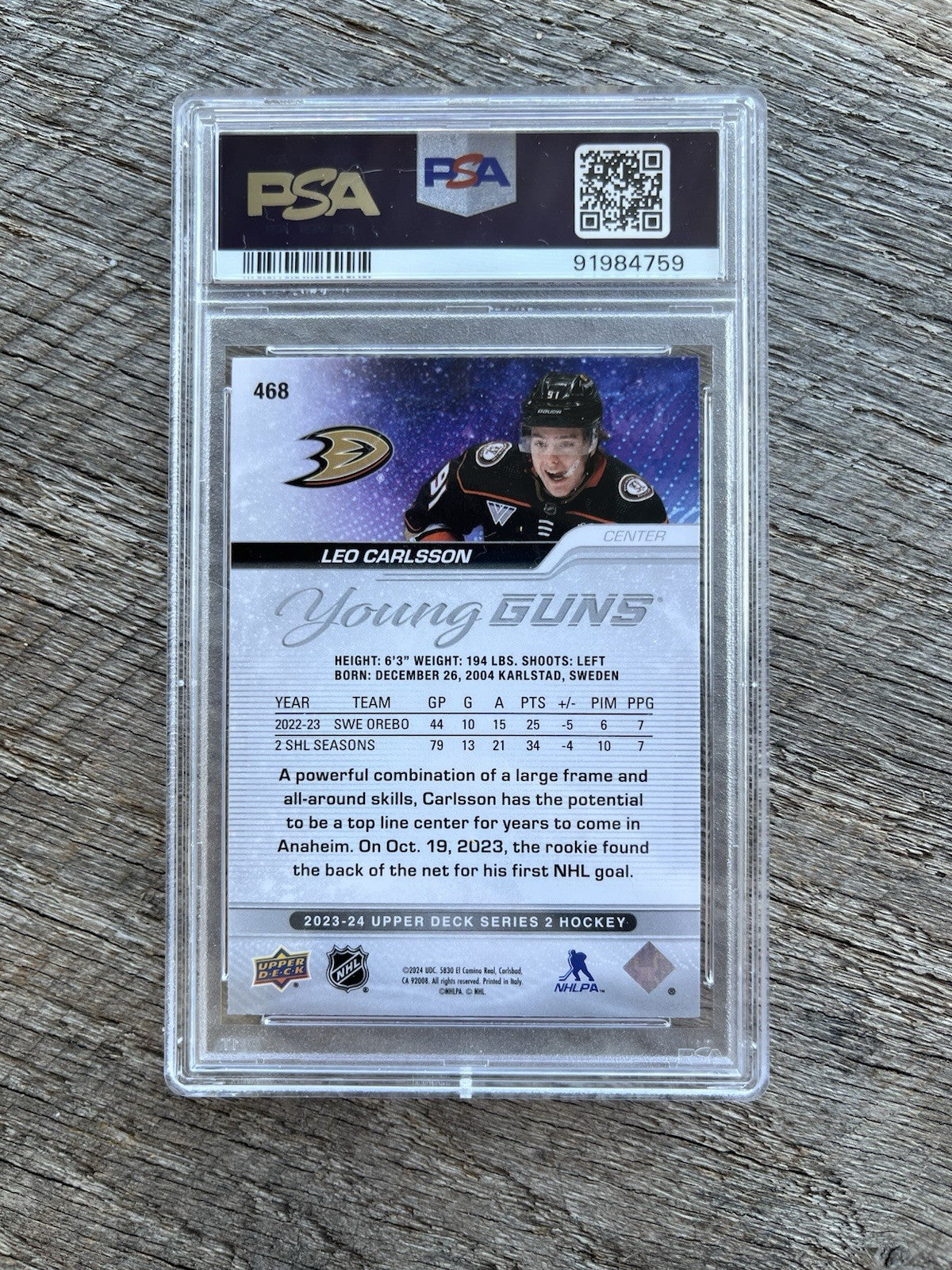 2023-24 Upper Deck #468 Leo Carlsson Young Guns RC - Graded PSA 9 Anaheim Ducks