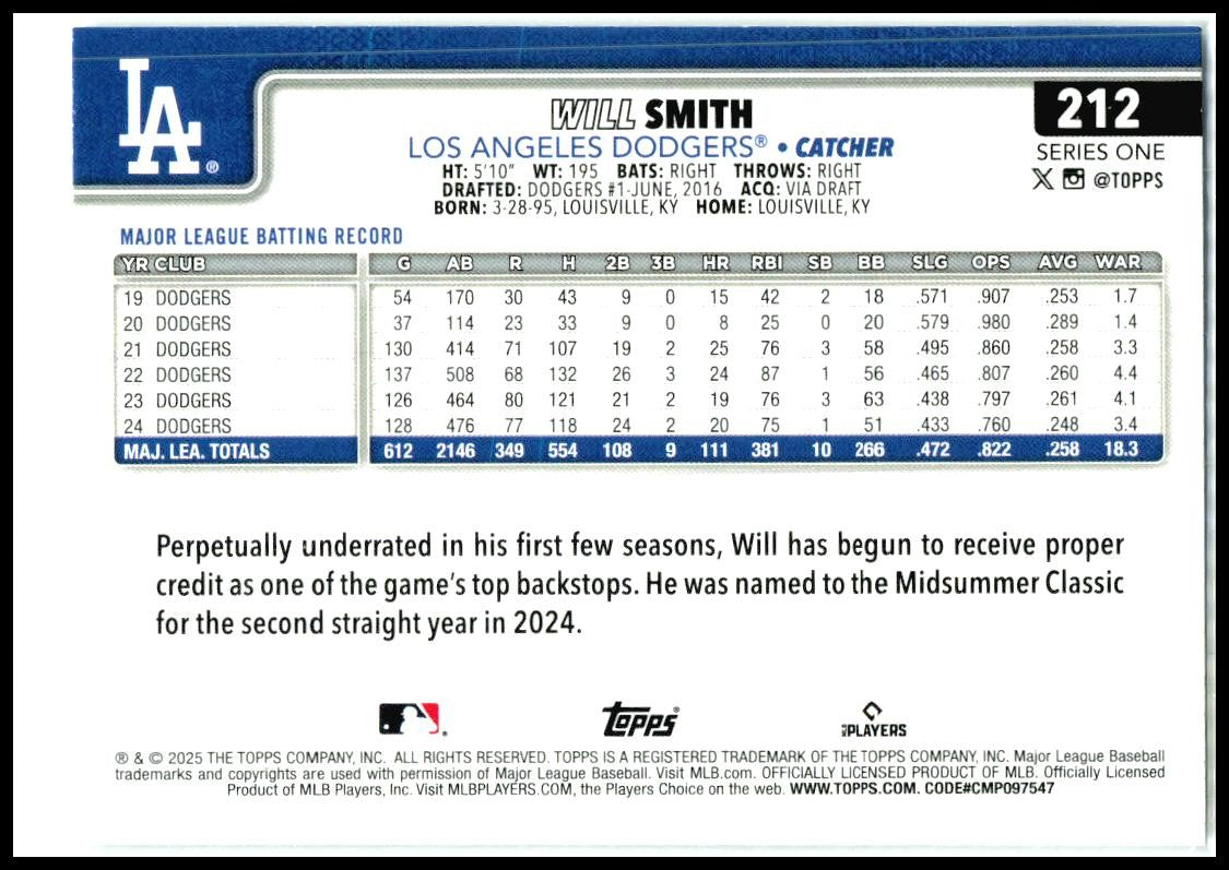 2025 Topps Diamante Foil #212 Will Smith Los Angeles Dodgers