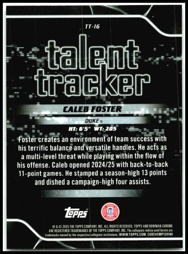2025-26 Bowman Chrome talent tracker #TT-16 Caleb Foster Duke