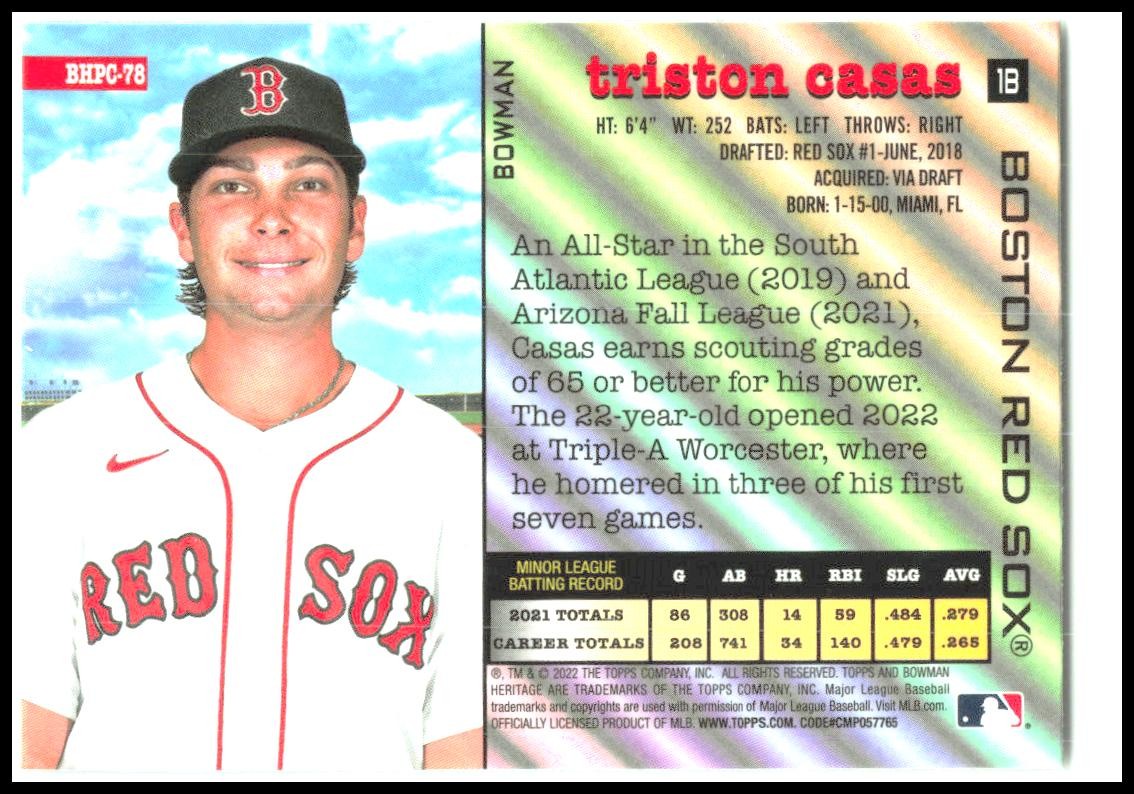 2022 Bowman Heritage Chrome Prospects #BHPC-78 Triston Casas Boston Red Sox