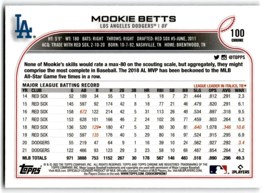 2022 Topps Chrome Mookie Betts Los Angeles Dodgers #100