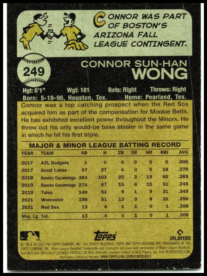 2022 Topps Heritage #249 Connor Wong Rookie Boston Red Sox