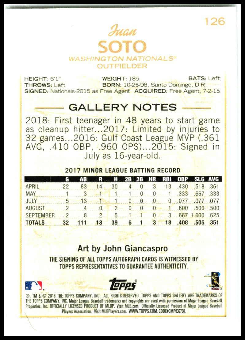 2018 Topps Gallery Autographs #126 Juan Soto Auto Washington Nationals
