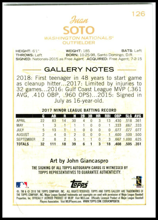 2018 Topps Gallery Autographs #126 Juan Soto Auto Washington Nationals