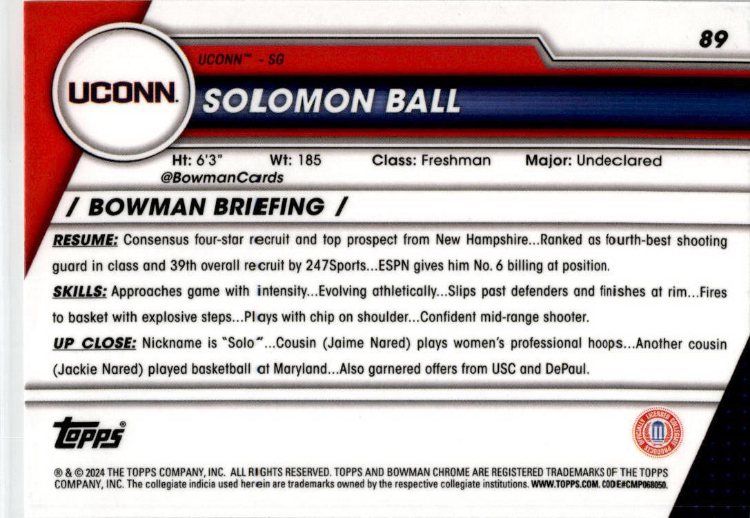 2023-24 Bowman University Chrome #89 Solomon Ball Connecticut Huskies