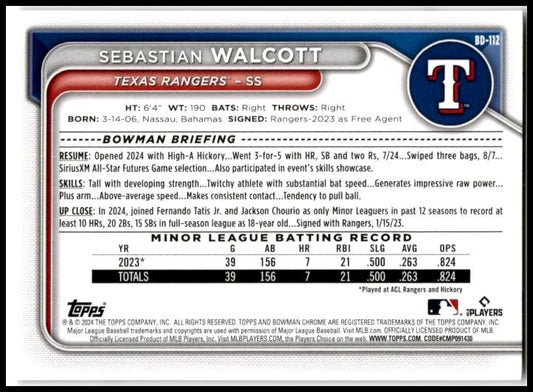 2024 Bowman Draft #BD-112 Sebastian Walcott Texas Rangers