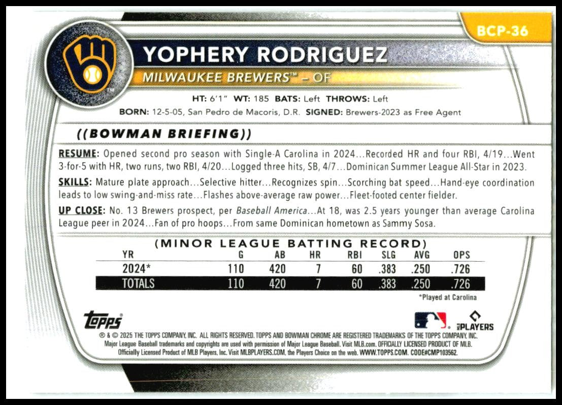 2025 Bowman Chrome Prospects Mojo Refractor #BCP-36 Yophery Rodriguez Brewers