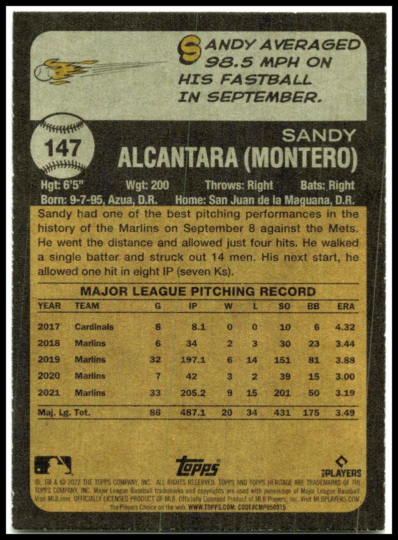 2022 Topps Heritage #147 Sandy Alcantara Miami Marlins