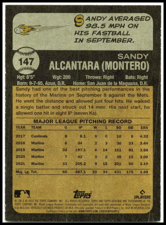 2022 Topps Heritage #147 Sandy Alcantara Miami Marlins