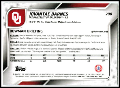 2025 Bowman Chrome University #200 Jovantae Barnes Oklahoma Sooners