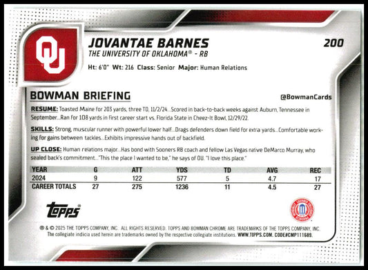 2025 Bowman Chrome University #200 Jovantae Barnes Oklahoma Sooners