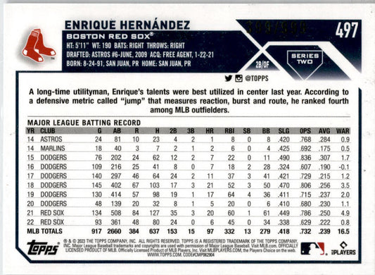 2023 Topps: Blue Speckle #497 Enrique Hernández Boston Red Sox
