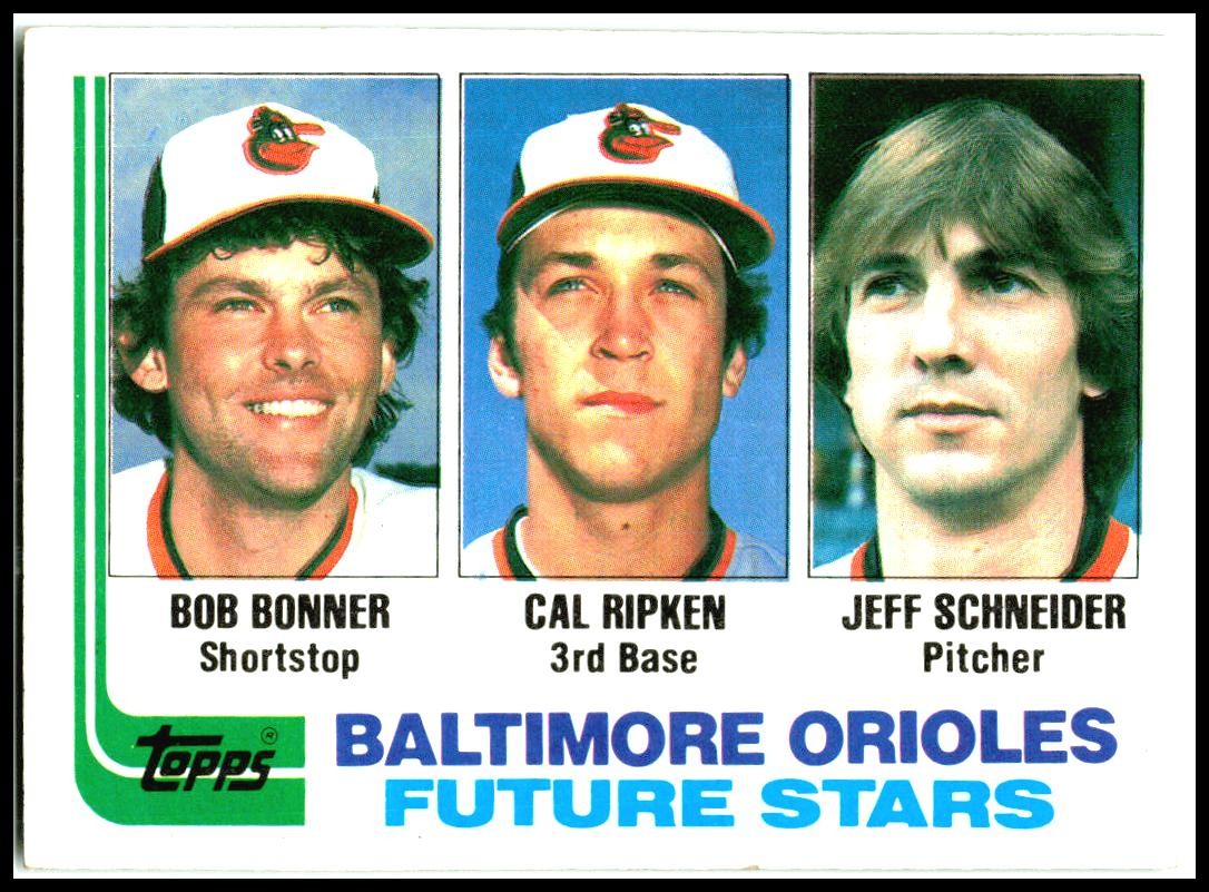 1982 Topps #21 Orioles Future Stars Bonner / Cal Ripken / Schneider Rookie