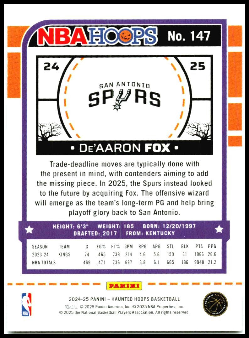 2024-25 Hoops Haunted Hoops #147 De'Aaron Fox San Antonio Spurs