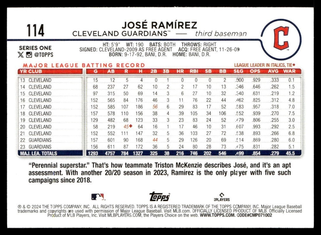 2024 Topps Jose Ramirez Cleveland Guardians #114