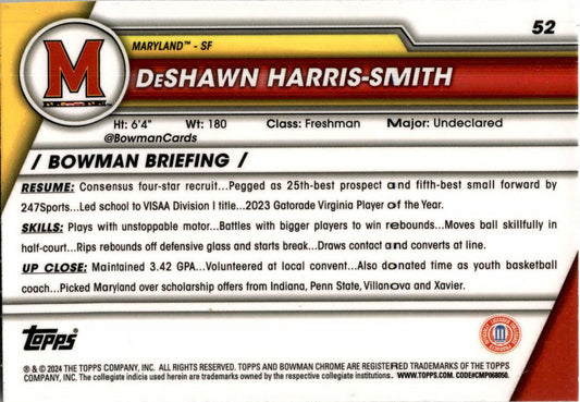 2023-24 Bowman University Chrome #52 DeShawn Harris-Smith Maryland Terrapins