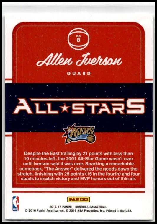 2016-17 Donruss All-Stars Press Proof #8 Allen Iverson Philadelphia 76ers