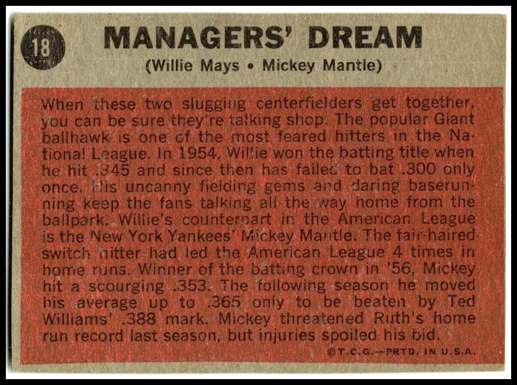 1962 Topps #18 Managers' Dream Mickey Mantle / Willie Mays