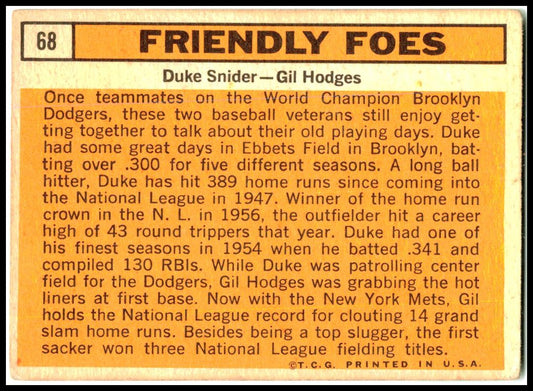 1963 Topps #68 Friendly Foes (Duke Snider / Gil Hodges) CPC