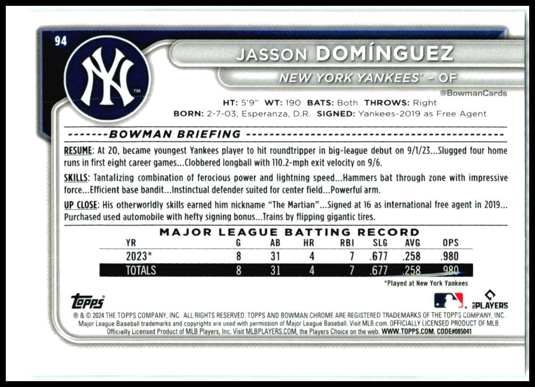 2024 Bowman Chrome #94 Jasson Domínguez Rookie New York Yankees