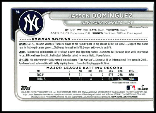 2024 Bowman Chrome #94 Jasson Domínguez Rookie New York Yankees
