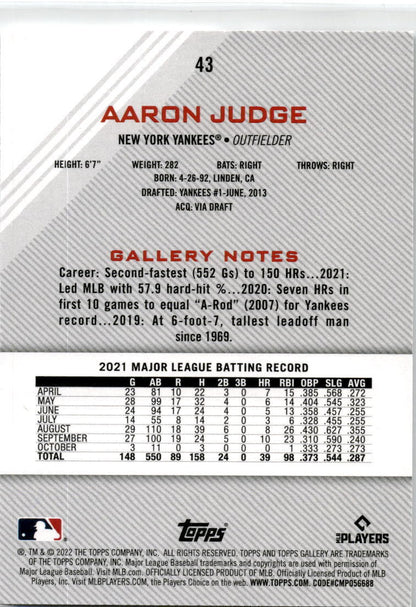 2022 Topps Gallery Printer Proof #43 Aaron Judge New York Yankees