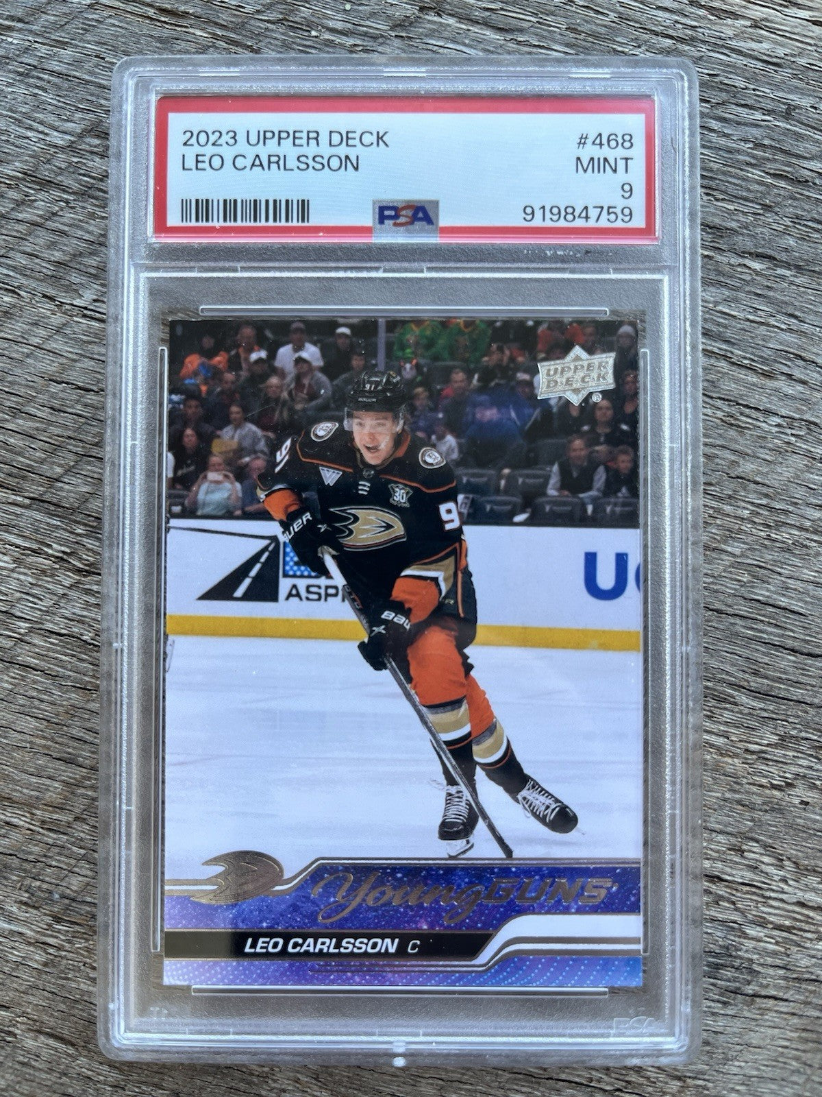 2023-24 Upper Deck #468 Leo Carlsson Young Guns RC - Graded PSA 9 Anaheim Ducks