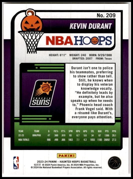 2023-24 Hoops Haunted Hoops Orange #209 Kevin Durant Phoenix Suns
