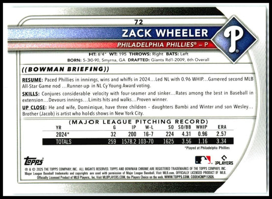2025 Bowman Chrome #72 Zach Wheeler Phillies