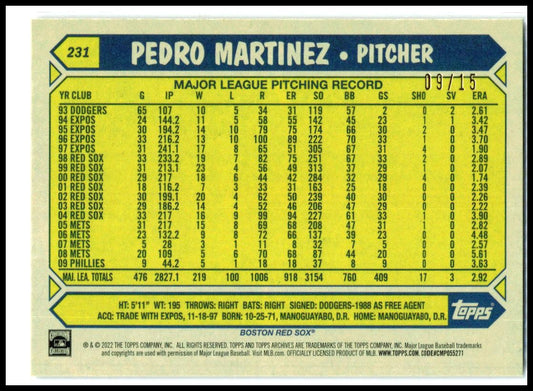 2022 Topps Archives Orange Hot Foil #231 Pedro Martinez #/15 Boston Red Sox
