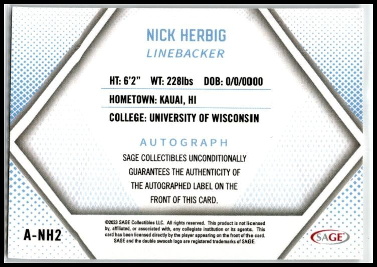 2023 SAGE HIT Autographs Red #A-NH2 Nick Herbig Auto Wisconsin Badgers