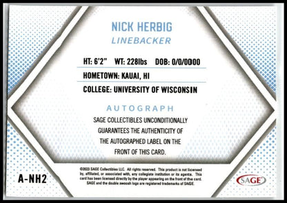 2023 SAGE HIT Autographs Red #A-NH2 Nick Herbig Auto Wisconsin Badgers
