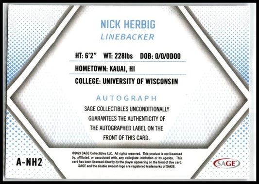 2023 SAGE HIT Autographs Red #A-NH2 Nick Herbig Auto Wisconsin Badgers