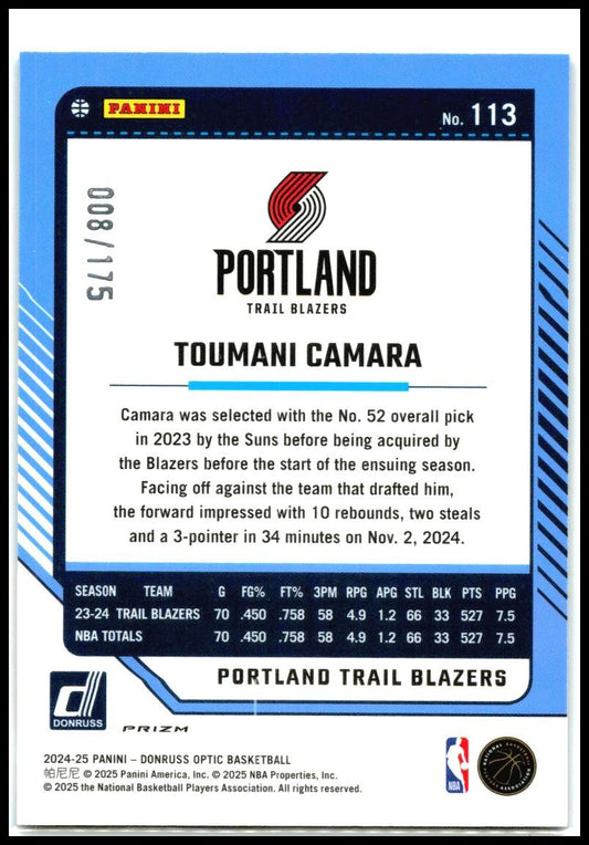 2024-25 Donruss Optic Hyper Blue #113 Toumani Camara Portland