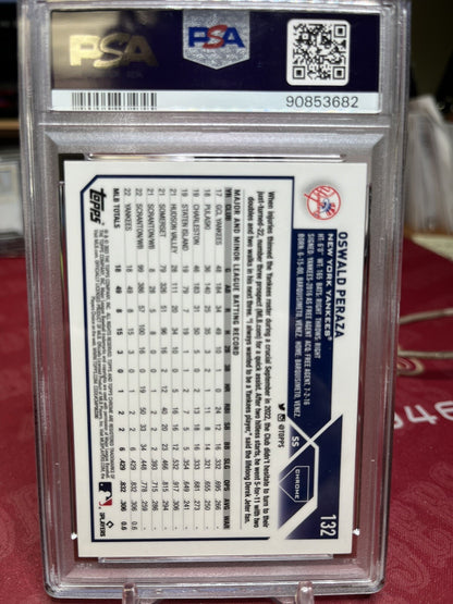 2023 Topps Chrome Logofractor Edition Yellow #132 Oswald Peraza RC /75 PSA 10